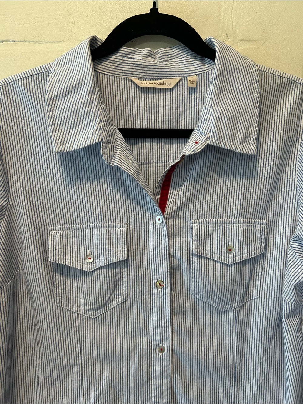 Soft Surroundings Blue Stripe Embroidered Button Up Shirt Boho Timeless Size L - Picture 6 of 7